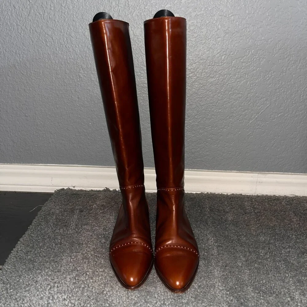 BASSOTTO KNEE HIGH RIDING BOOTS COGNAC LEATHER BROGUE DETAILS MADE IN ITALY EU40